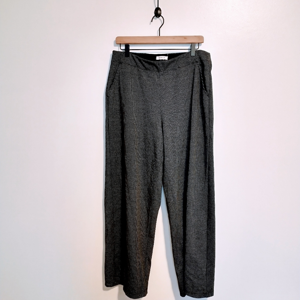 Max Studio black printed work pants, size tag cut out.  Waist is 16.5", marked a